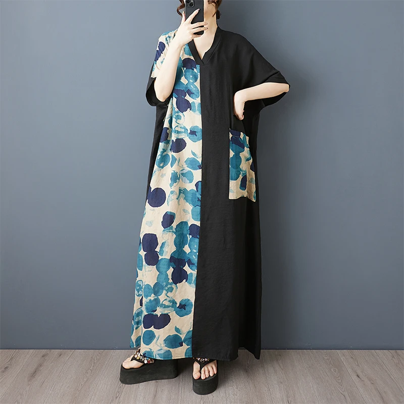 

Длинное платье больших размеров Dr V-Ne ort Sve Тонкий хлопок и лен с эффектом похудения Bla And White Color Blo Повседневное летнее платье