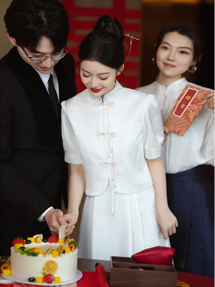 

White Engagement Evening Dr Set Women's Summer New Chinese Sle Small Collar Registry Daily Wear Traditional Ch...