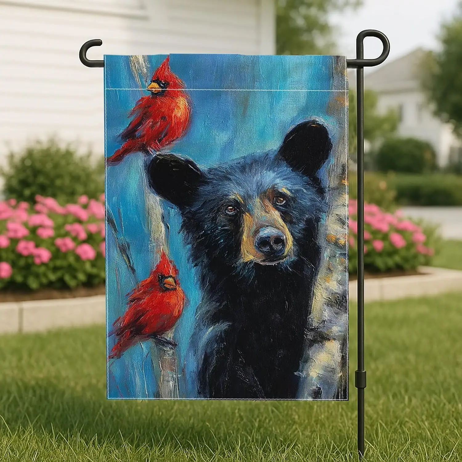 Wildlife Garden Flag, Black Bear and Red Cardinal Nature Decor, Double Sided Burlap Yard Flag for Outdoor Lawn Decoration, S xxl