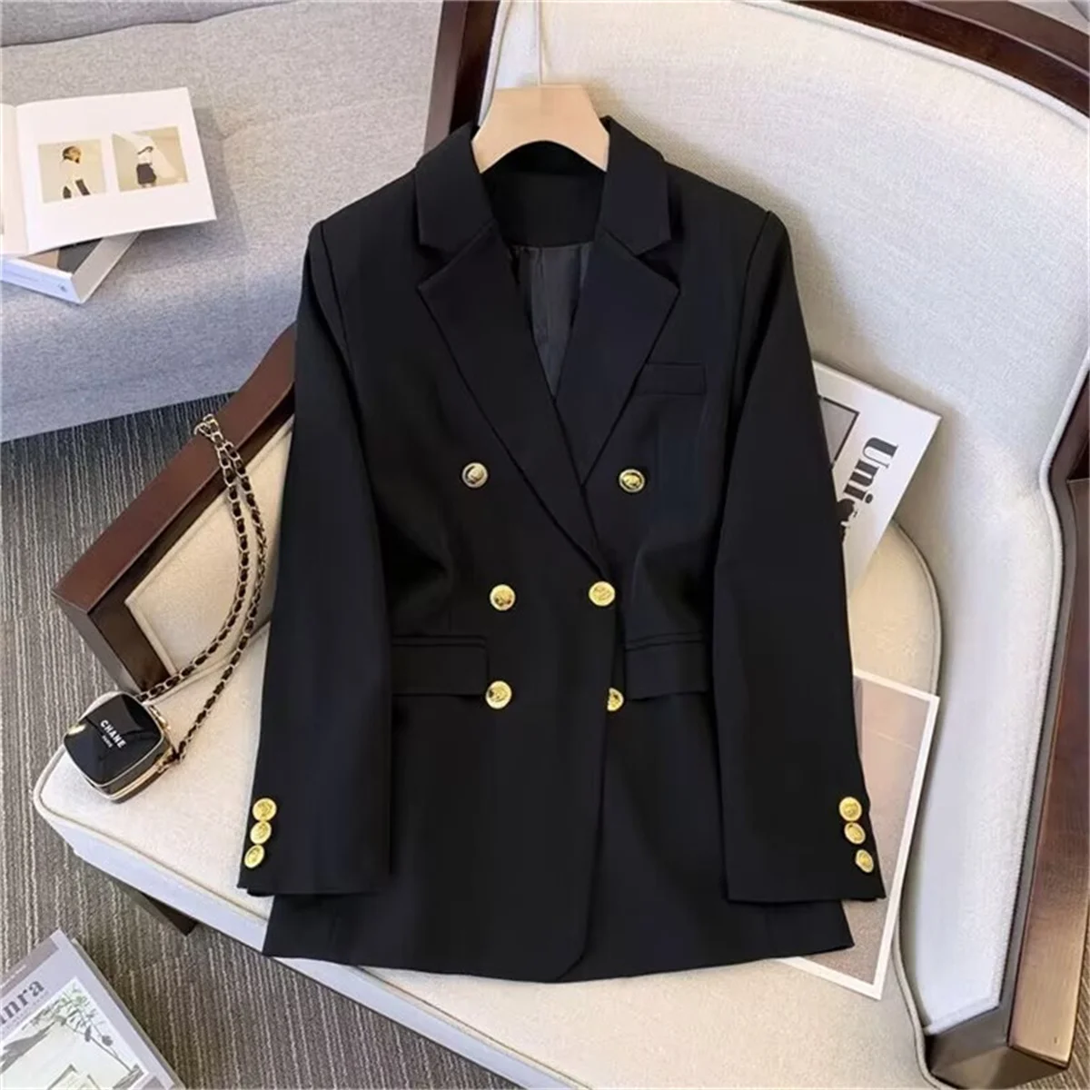 Blazer de temperamento a la moda para mujer, abrigo ajustado de manga larga con doble botonadura, chaqueta de traje para otoño y primavera, prendas de vestir informales para mujer de oficina