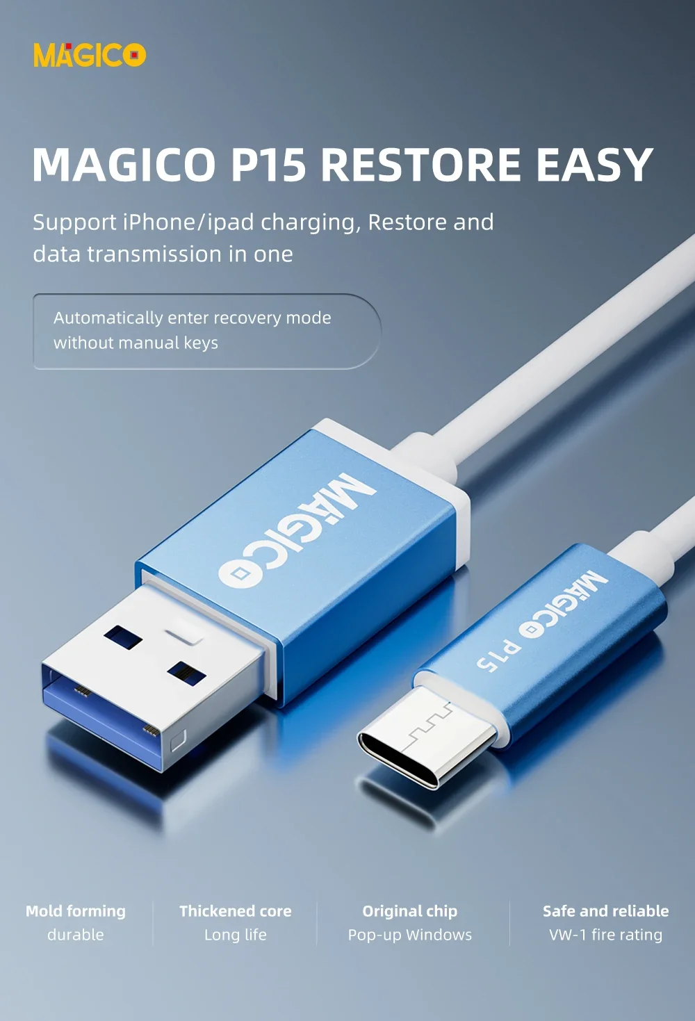 Magico P15 Restore Easy Cable For iPhone 15 Charging Restore and Data Transmission Enter Recovery Mode Without Manual Keys