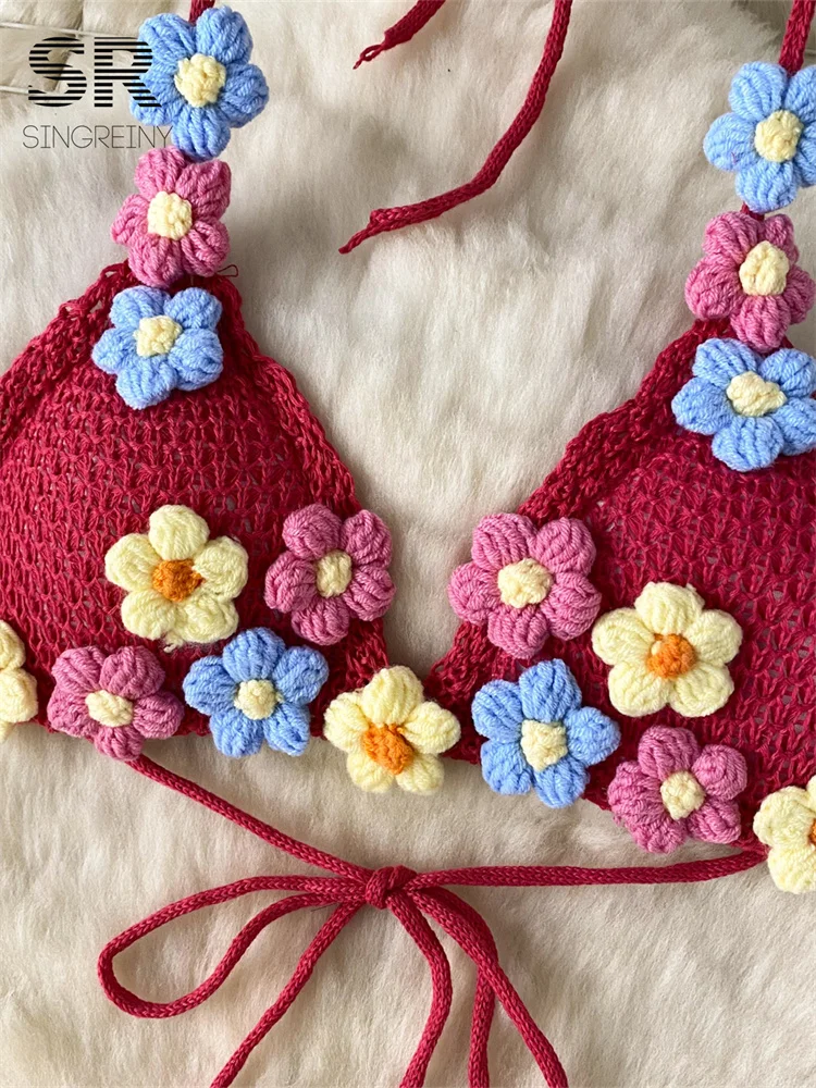 SINGREINY Sexy Beach Knit 2pcs Sets Women Flower Design Strapless