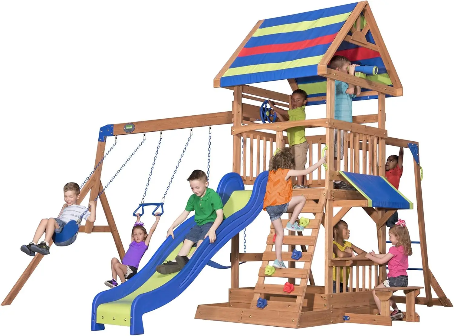 

Beach Front Cedar Wood Swing Set with Wave Slide, Play Deck, Monkey Bars, Rock Wall Ladder, Shaded Picnic Area, Snack Bar