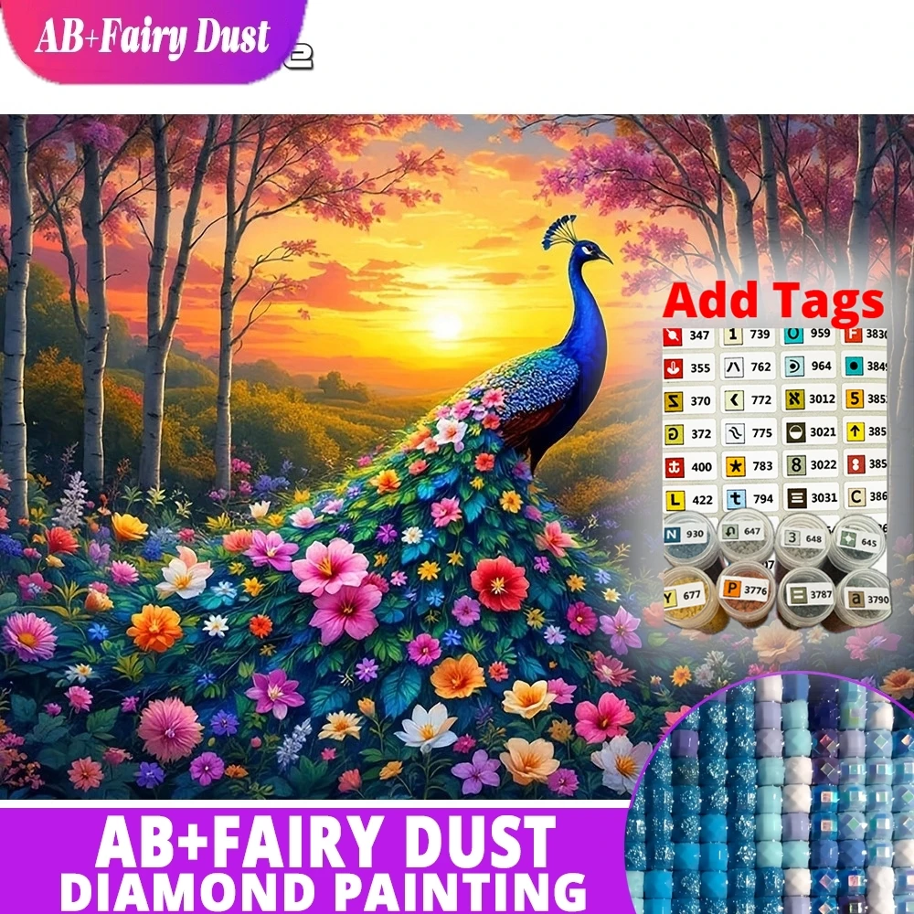 

Новые 5D-мозаичные стикеры AB Fairy Dust DMC: Алмазная вышивка с павлином и стразами, квадратные стразы, рисунок животных и цветов для декора стен