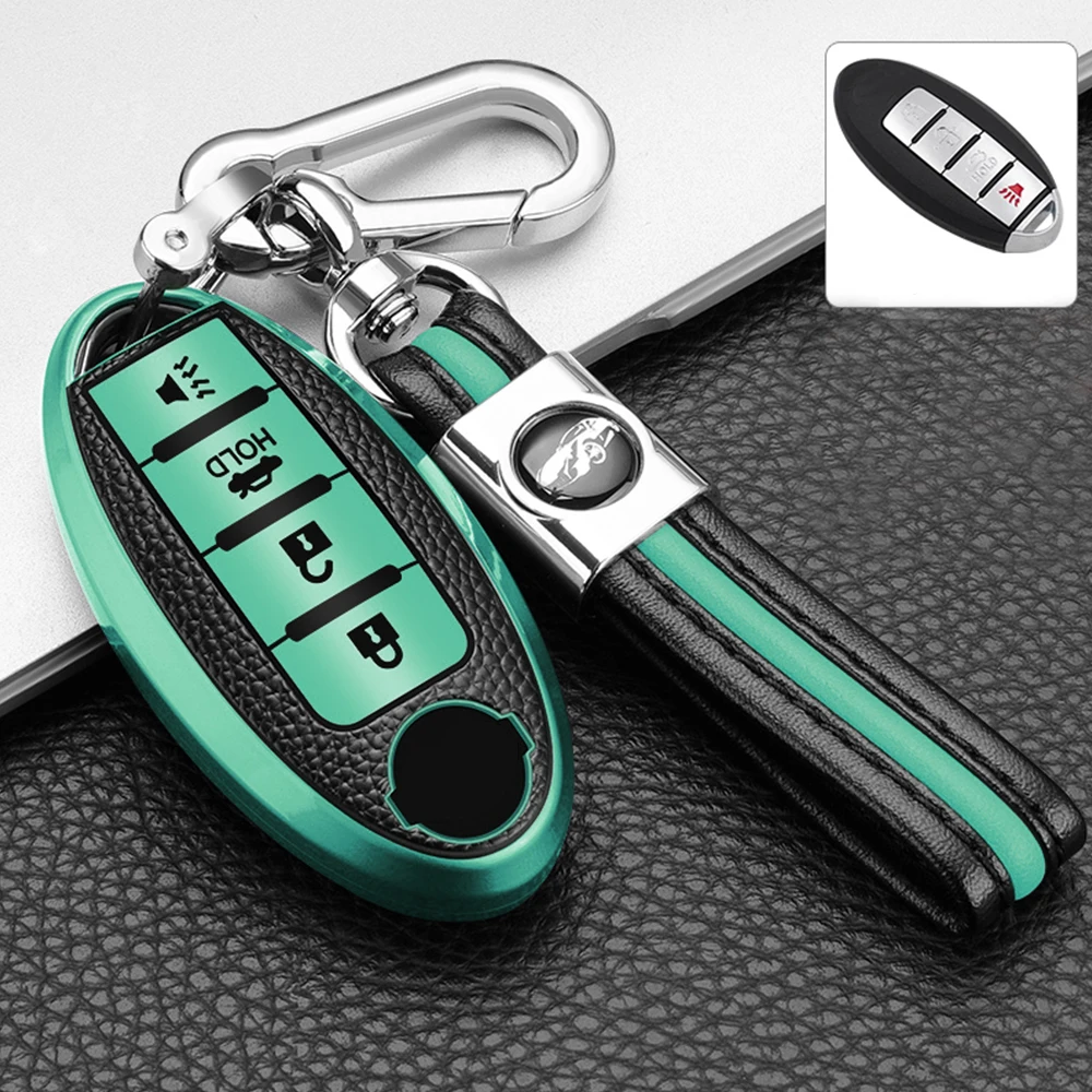 For Infiniti Nissan Altima Maxima Murano Rogue Sentra 370z Leather TPU Car 4Button Key Case Cover Keychain Protector Accessories