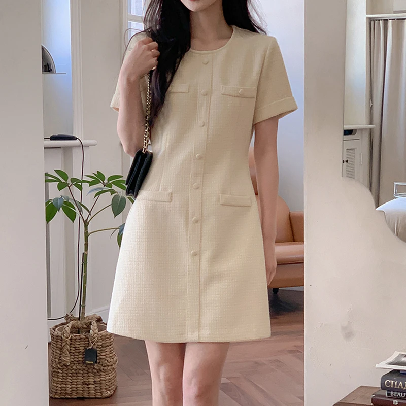 Korean Chic Small Fragrant Women Dresses Tweed O-neck Slim Waist Puff Sleeve Dress 2024 Summer Short Sleeve Vestidos Female