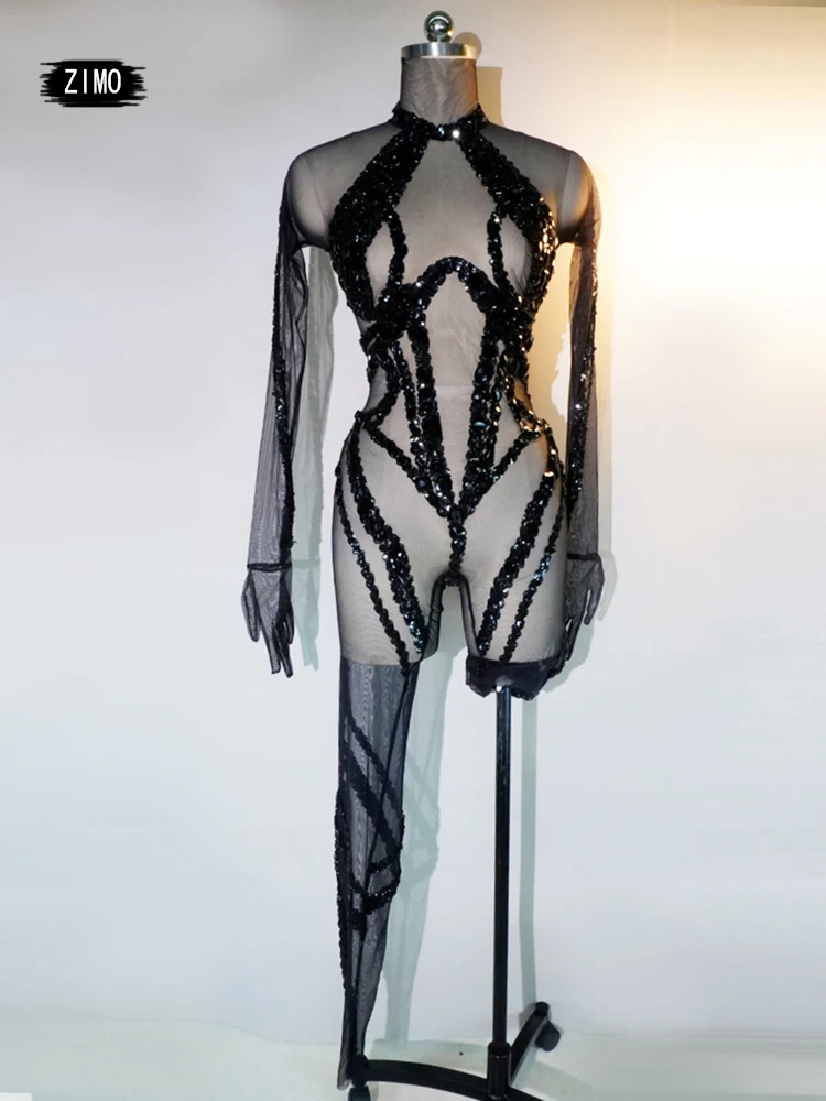 

sexy mesh Transparent black stone jumpsuit women sexy DS DJ nightclub wear party birthday leotard drag queen pole dance clothing