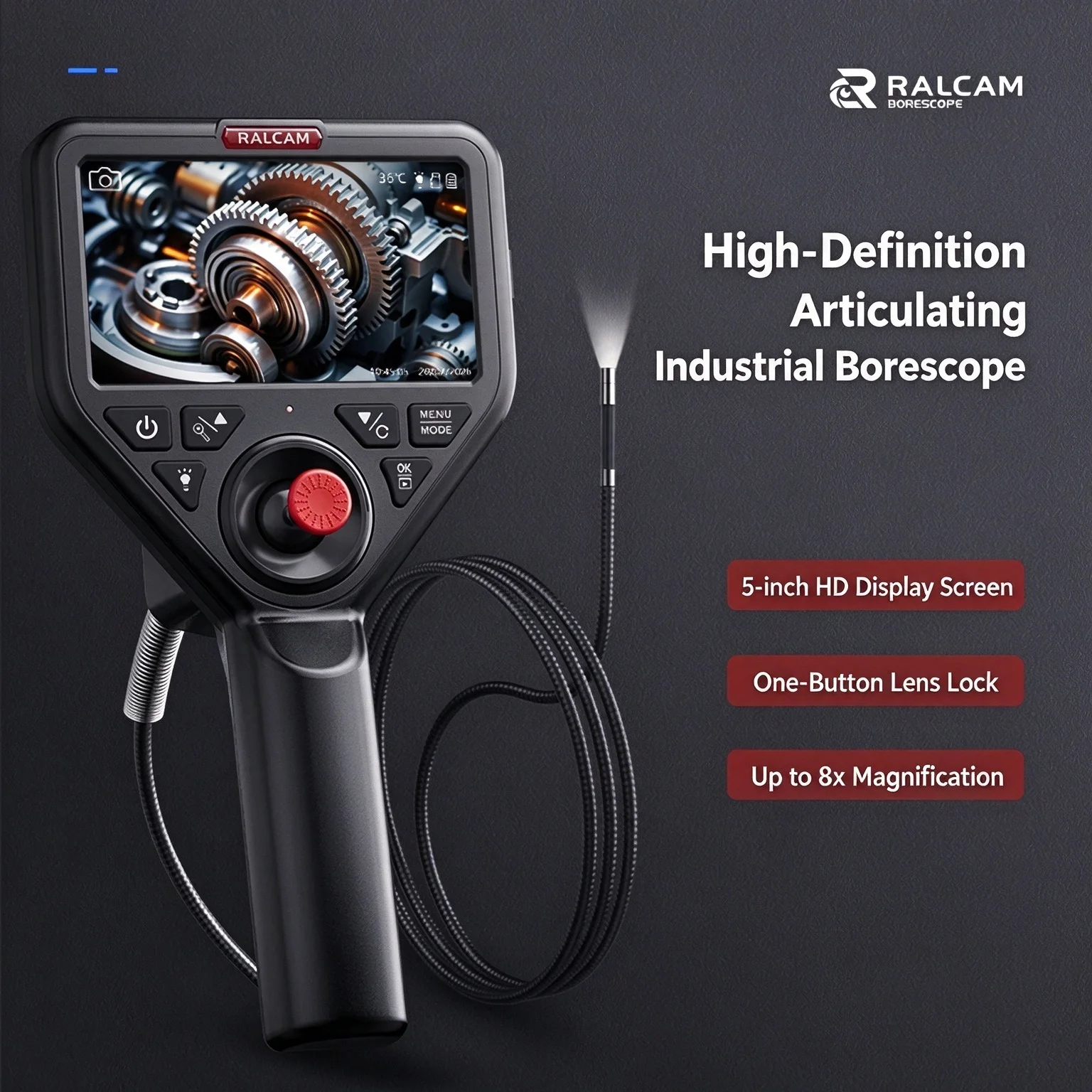 Ralcam  Series 4-Way Articulating Borescope, Replaceable Snake Tube Stainless Steel Joystick, 0.15 inch Camera
