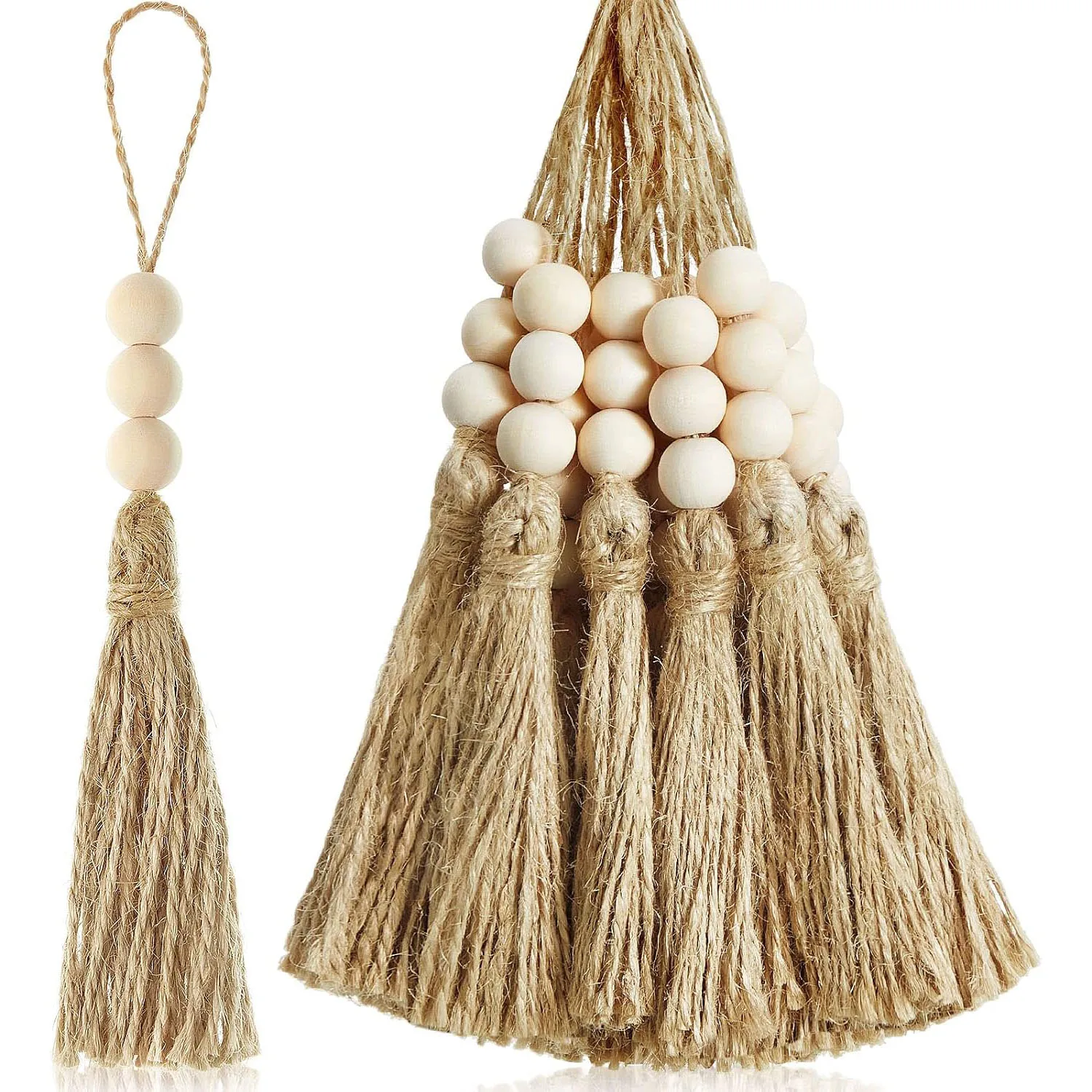Jute Tassels with 3 Wood Beads Natural Jute Rope Burlap Tassels for Christmas Tree DIY Craft Wood Beads Garland Project