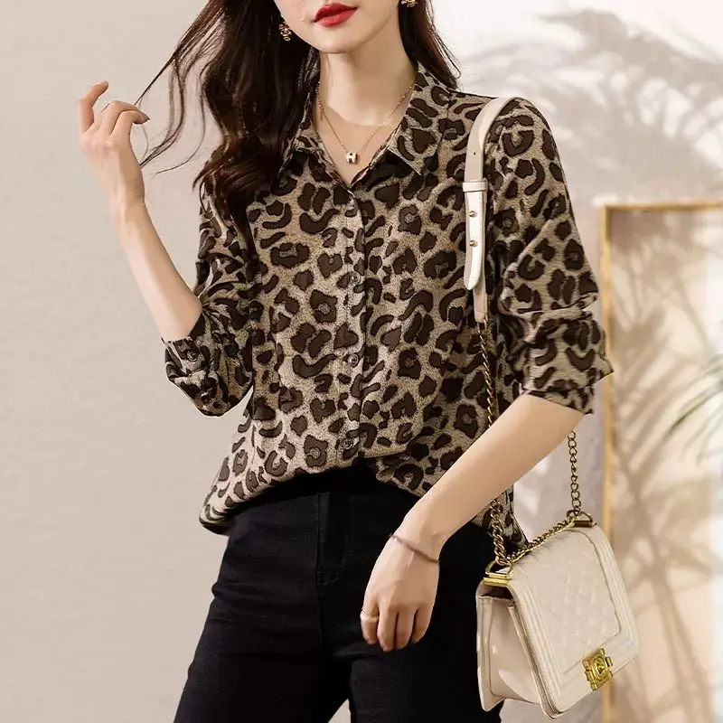 Spring Summer Vintage Leopard Print Casual Fashion Blouse Lady Long Sleeve Top Loose All-match Streetwear Cardigan Shirt Women