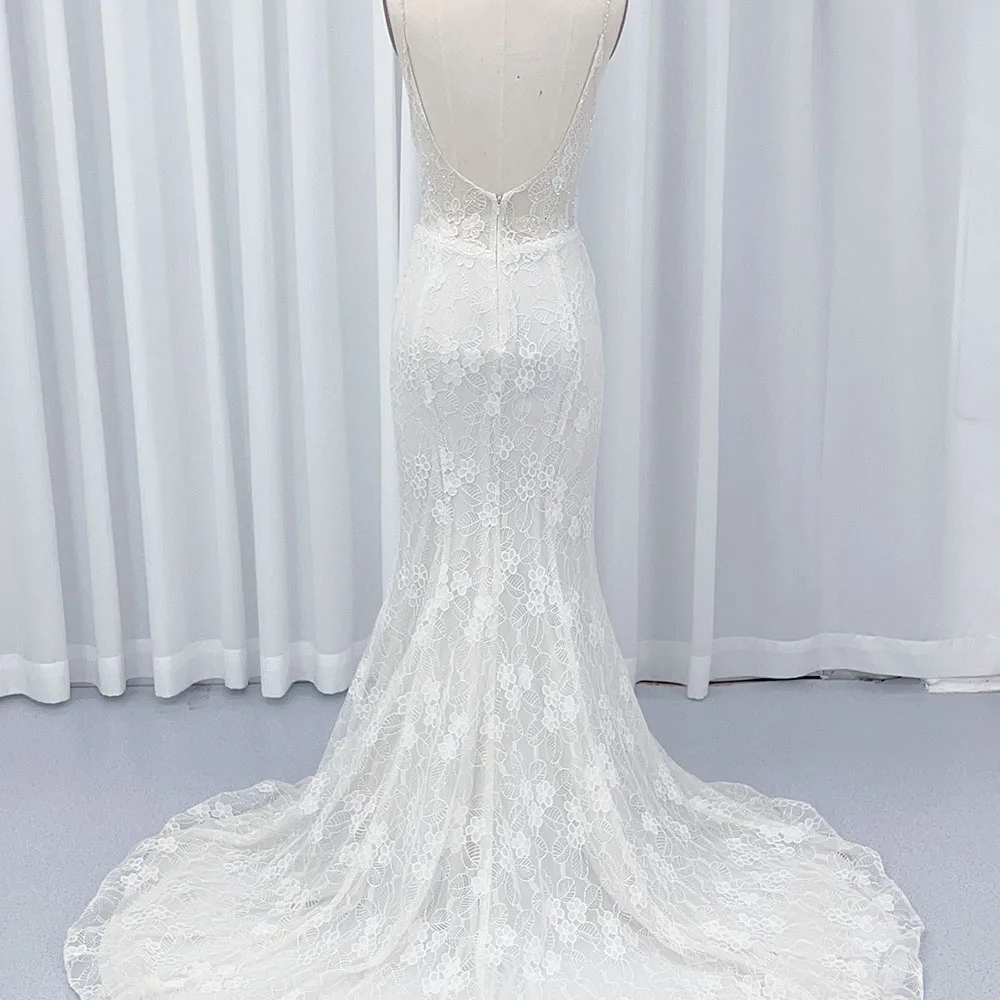 Simple Elegant Sleeveless Wedding Dresses Women's Mermaid Sexy Backless Bridal Gowns Formal Lace Sweep Train vestido de novia