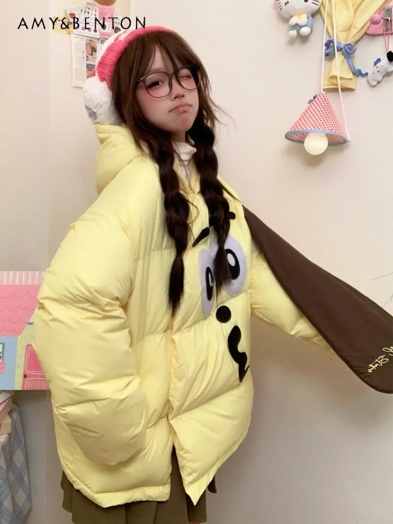 2024 New Winter Original Solid Color Cartoon Design Sense Niche Loose Hooded Cotton Clothes For Women