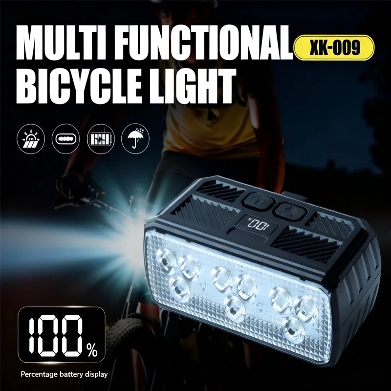 

9 LED Bike Horn Light Type-C Rechargeable Bicycle Front Lamp 1500mAh MTB Headlight Power Display Cycling Head Light Rainproof