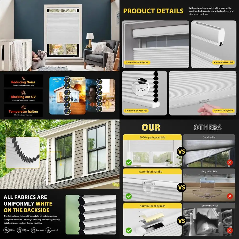 

Беспроводные сотовые шторы, с управлением сверху/снизу, 34x64, белые светонепроницаемые, для окон внутри помещений