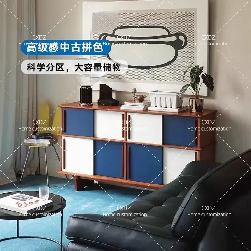 High End Solid Wood Dining Side Cabinet Wall Mounted Tea Rattan Storage Cabinet Medium Antique Rock Slab Sliding Door