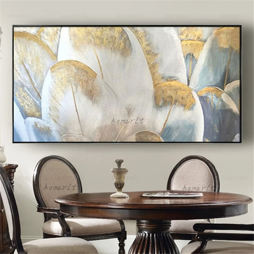 Real Handmade Canvas Abstract Oil Painting Off-White Gold Feathers Modern Home Decor Wall Sofa Livingroom Bedroom Hanging Piece