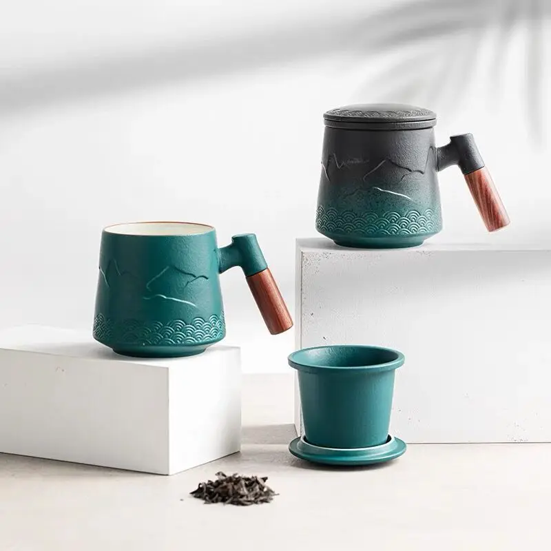 Mug with Porcelain Infuser and Lid Tea Cup with Sandalwood Handle 13 Oz Ceramic for Hot or Coffee Gift Set 1-Pack Matt Green