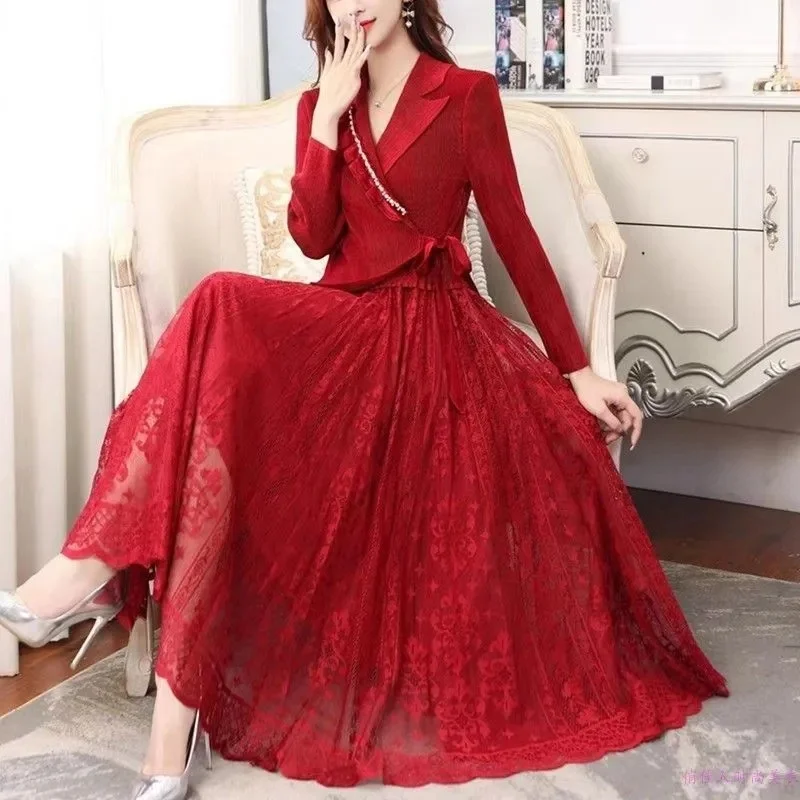 2024 Spring Autumn New Women Suit Collar Fake Two Piece A-line Skirt Slim Waist Long Sleeve Lace Three House Ruffled Dress Lady