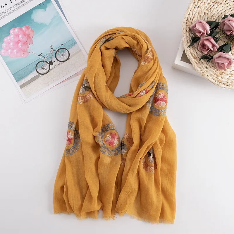 Women's Cotton and Linen Embroidered Scarf 2022 Deluxe Solid Hijab Cotton soft embroidered shawl wrapped women's Spring/summer S