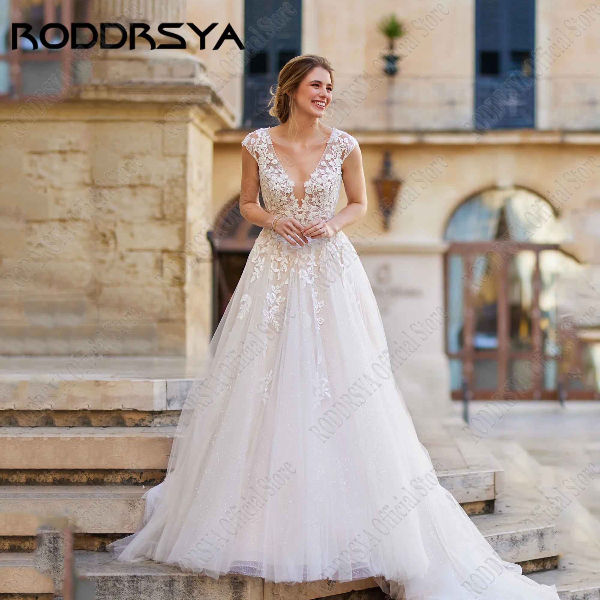 

RODDRSYA Glitter Tulle Cap Sleeves Wedding Dress Women Deep V-Neck Backless Bride Gowns Applique Lace Wedding Dresses Customized