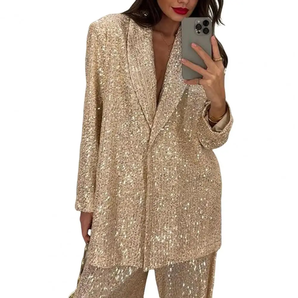 

V Neck Celebrity Coat Sequin Party Outfit Set with Baggy Shirt Wide Leg Pants Mid Length Coat for Women for Parties Clubs