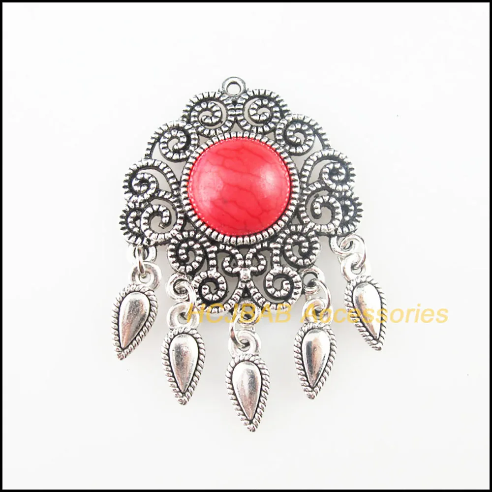 4 New Flower Charms Tibetan Silver Red Waterdrop Tassels Pendants Retro 30x45mm