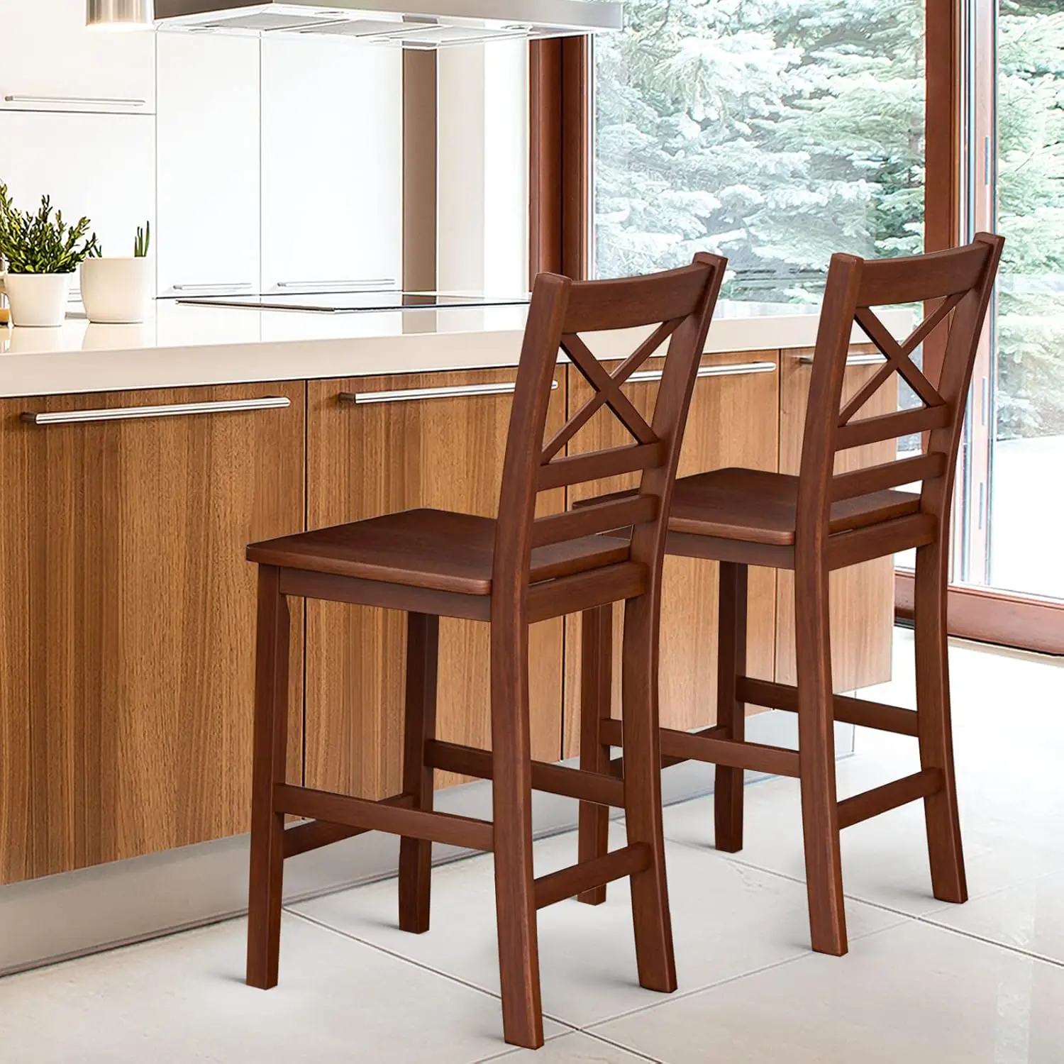 

Bar Stools Set of 2, 25'' Antique Kitchen Counter Height Chairs with Wooden X-Shaped Backrest & Rubber Wood Legs