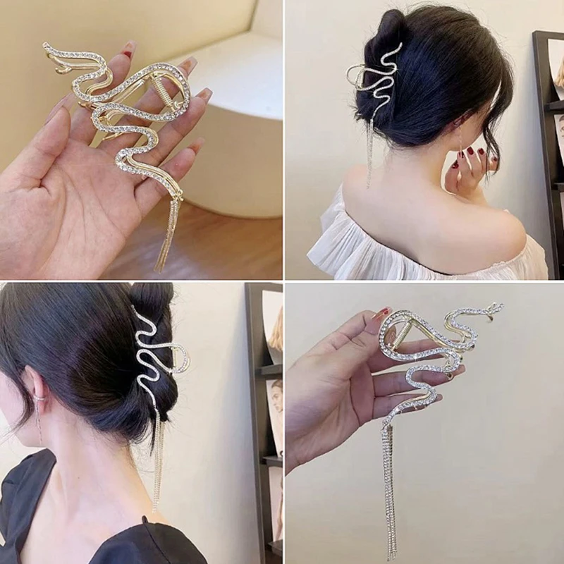 Fashion Crystal Hair Crab Clips Women Tassel Chain Snake Hair Claw Elegant Shark Clip Barrette Hairpin Headdress Accessories