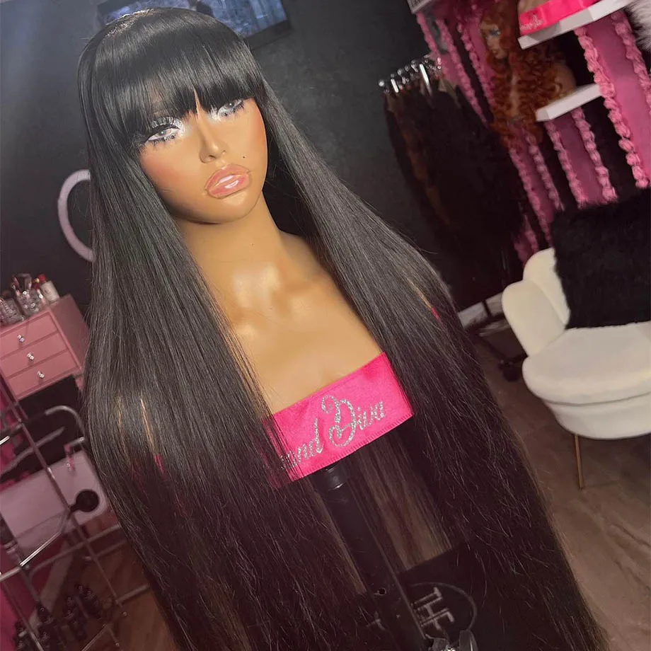 34 inch Glueless 3x1 T Part Lace Realistic Look Fake Scalp Brazilian Straight Full Machine Made Bang Wigs Human Hair For Women