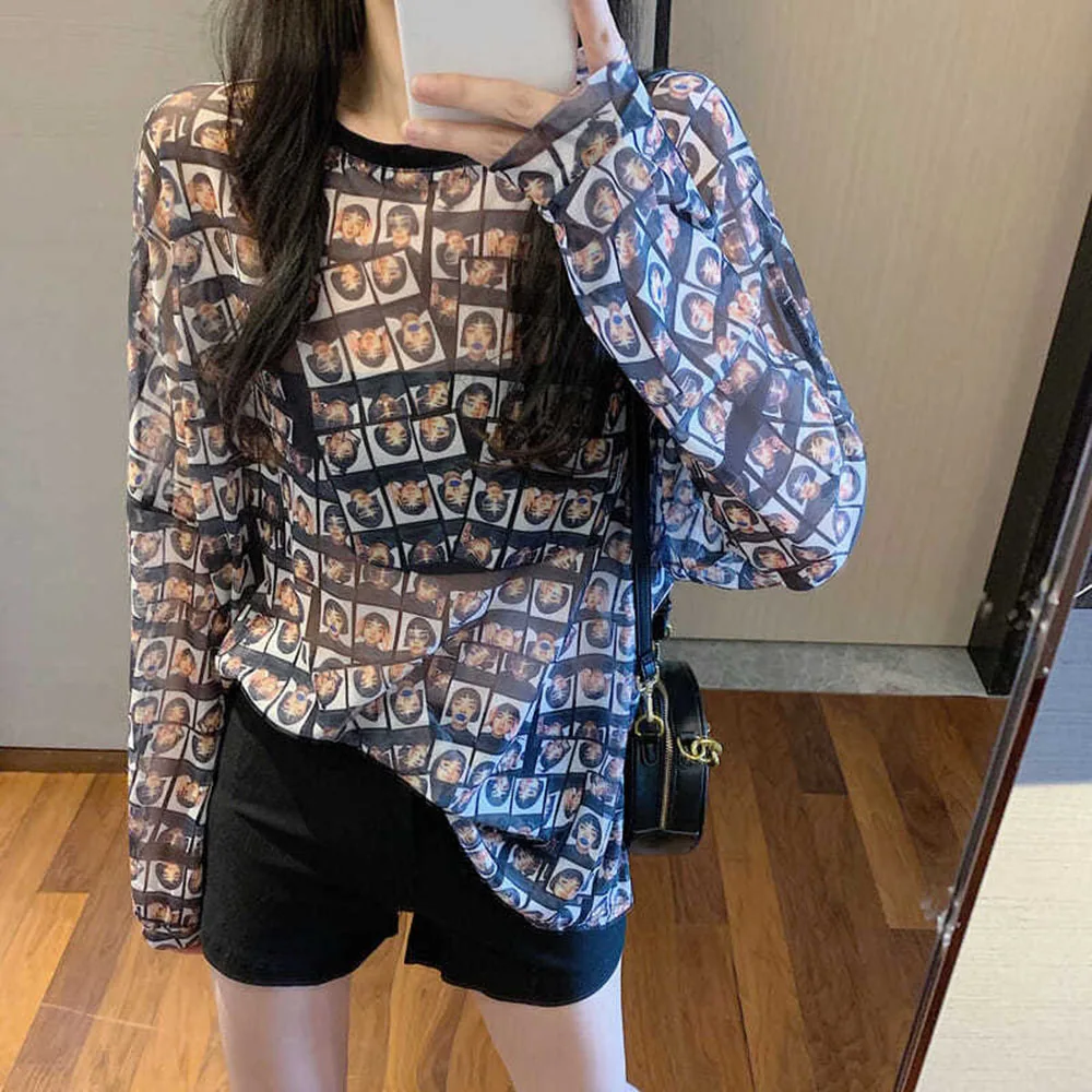 2024 Summer New Ultra Thin T-Shirts Women Fashion Figure Avatar Printed Sunscreen Top Loose Long Sleeve Round Neck Tees For Lady