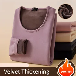 Women Autumn Winter Bottoming Shirt Constant Temperature Thick Velvet T-shirt O-Neck Slim Inside with Thermal Underwear Top