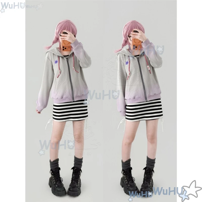 WuHU@ Sengoku Yuno BanG MewType Anime Dream! Cosplay Daily Suit Gray Hoodie Top Tight Dress Pink Wig Woman Halloween