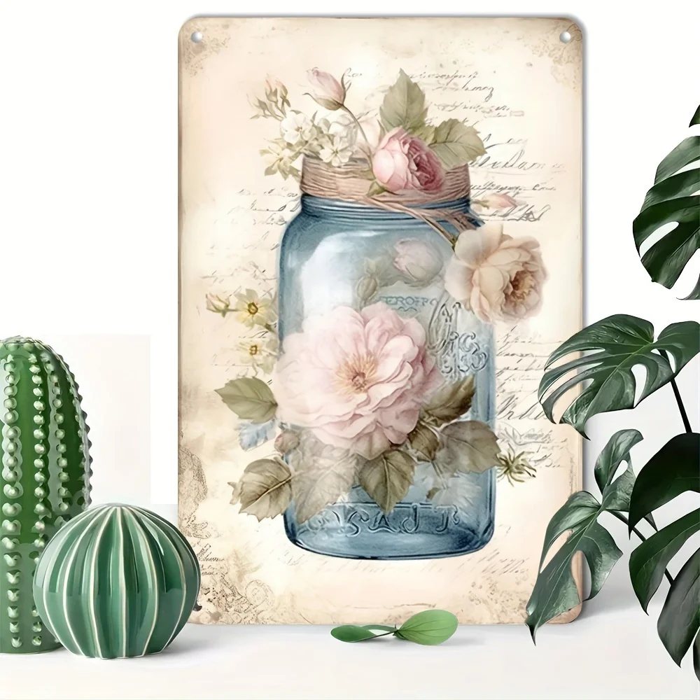 2D Flat One Piece 8x12 Inch Metal Sign Featuring Vintage Watercolor Mason Jar Floral Art for Farmhouse Wall Decor
