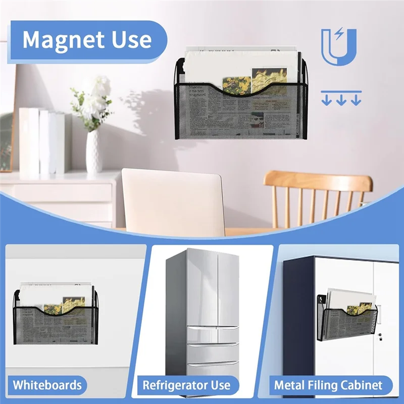 Magnetic File Holder 3 Pockets File Folder Organizer, Office Hanging Magazine Rack For Refrigerator, White Board Durable