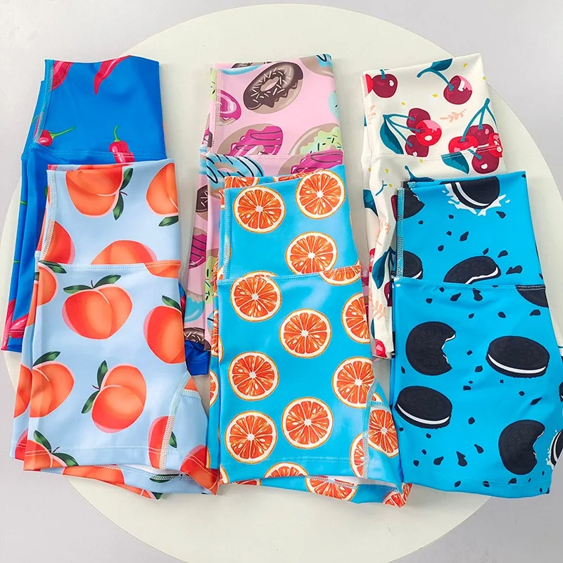 Fruit Print Yoga Shorts, Dopamine Bright Color High Waist Naked Feeling Quick Dry Sports Shorts, Peach Hip Lifting Fitness Pants
