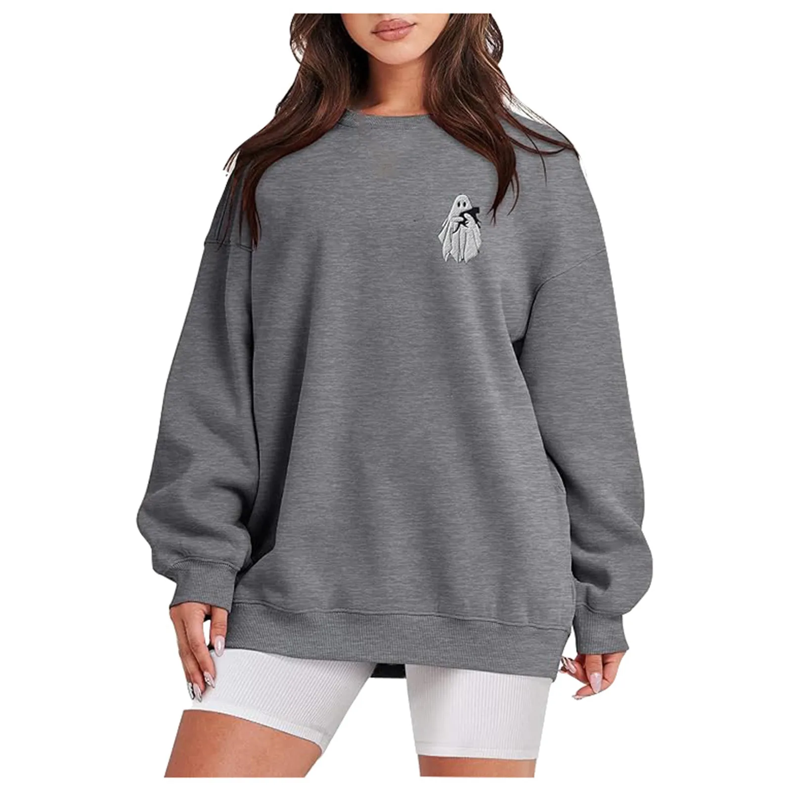 Women'S Halloween Theme Printed Hoodie Without A Hoodie Solid Color Simple Crew Neck Long Sleeve Pullover Fashion All Match Top