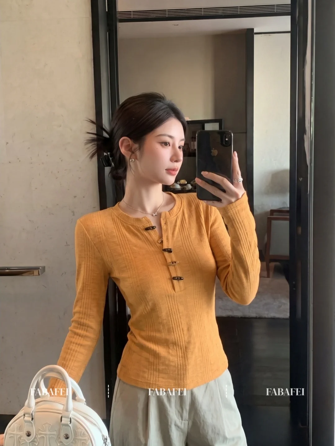 Dopamine Orange Long Sleeve Slim Fit Henry Collar T-Shirt Women's Base Shirt Unique Style Autumn Casual Wear Breathable Fabric
