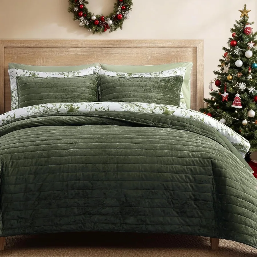 

Olive Green Striped Channel Velvet Quilt Set 3 Pieces Luxurious Soft Bedspread Coverlet Quilted Bedding Set for All Season