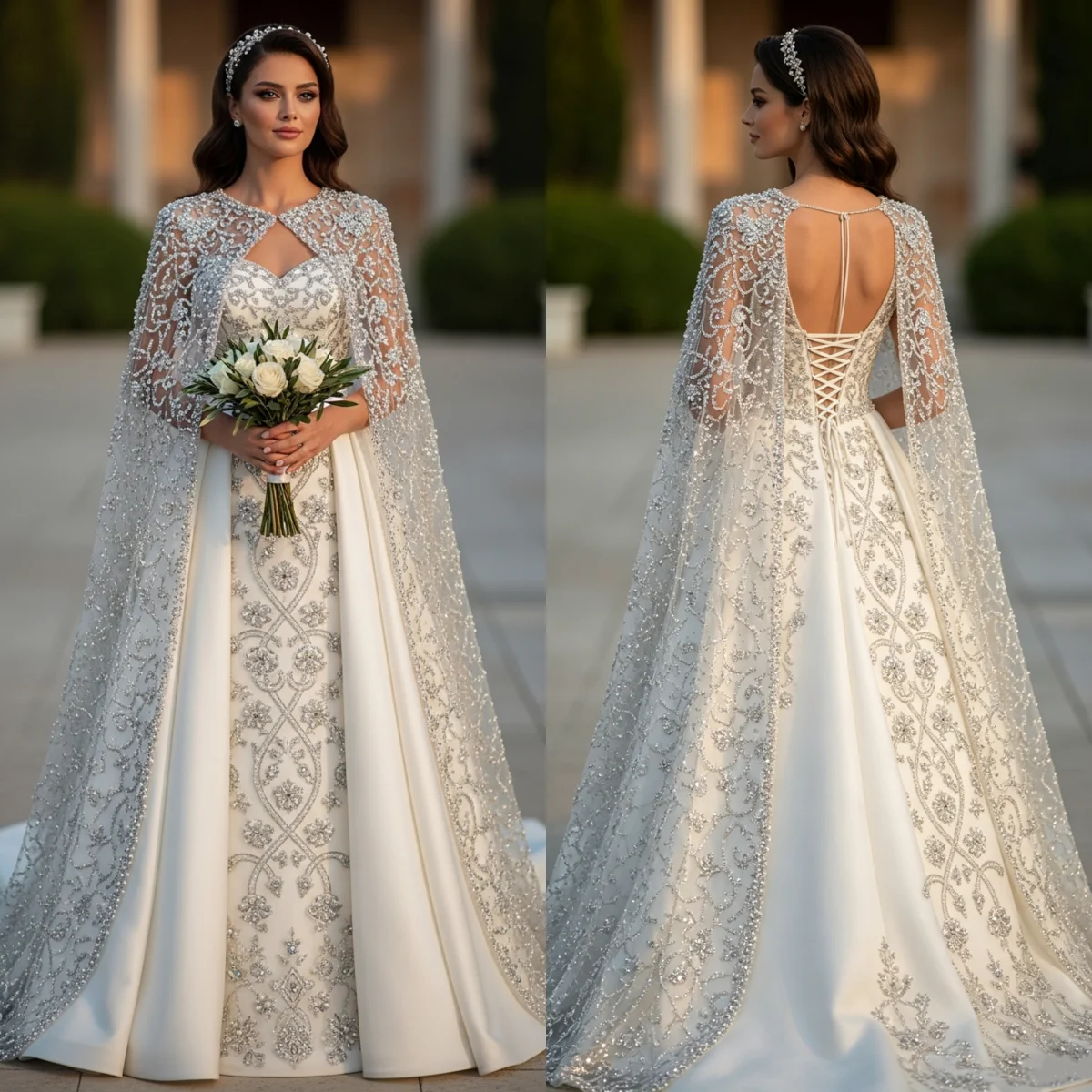 

Custom Luxury Lace Up Cape Beaded Satin A-Line Wedding Dress 2026 Cathedral Train Bridal Gown Plus Size Vestido De Novia