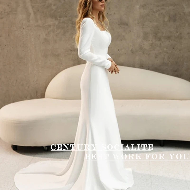 Civil Wedding Dresses Mermaid 2024 Long Sleeve Square Collar Soft Satin Simple Plain Bridal Gowns for Bride Customized