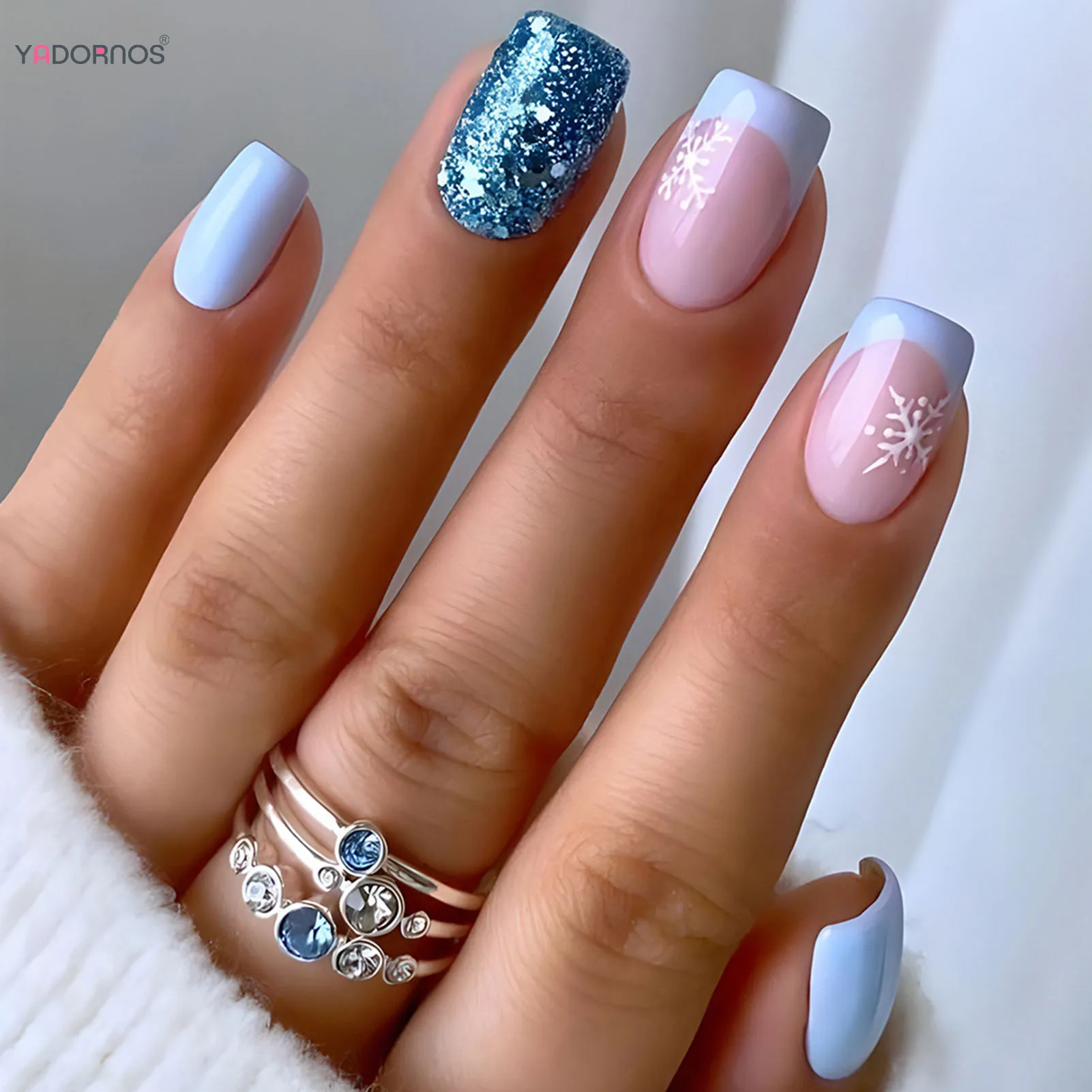 White Snowflake Fake Nails Blue Glitter Sequins Christmas Nails Press on Short Square French Tips False Nail for Women Girls