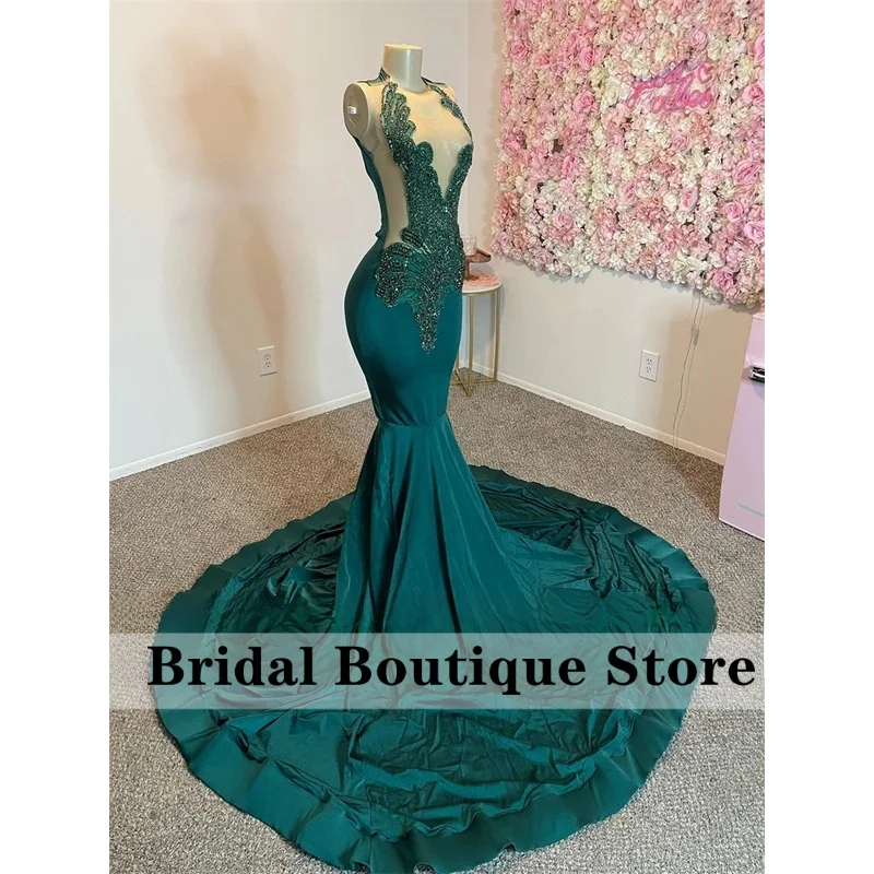 ชุดราตรีสีเขียวเข้มหรูหรา 2026 ประกายเพชร ชุดงานเลี้ยงวันเกิด สาวผิวสี ชุดนางเงือกเซ็กซี่ สามารถปรับแต่งได้