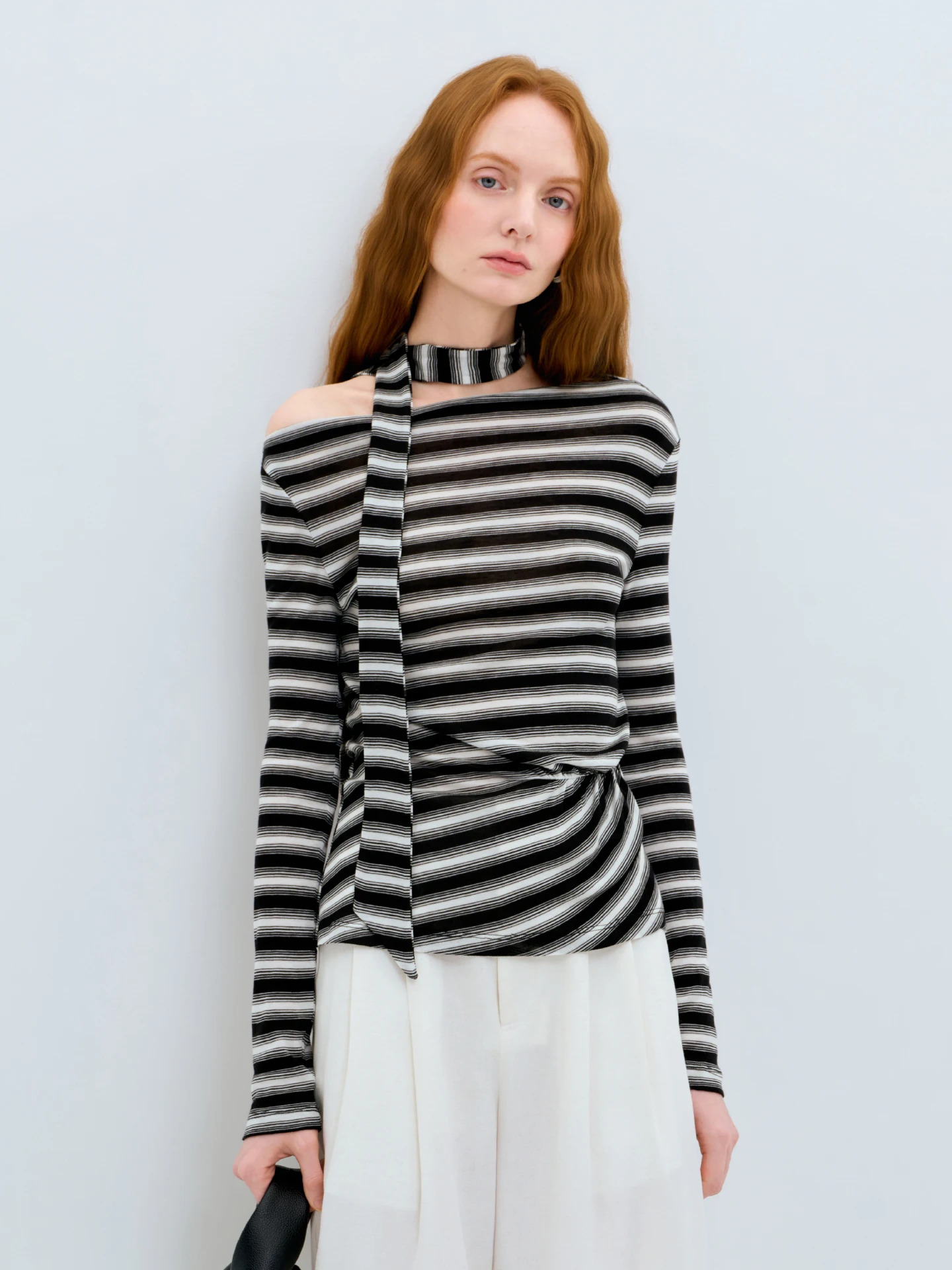 

LIMONN Silk Wool Bla White Stripes Off-oulder Long Sve Dstring Slim Fit Inner Wear Commute Sle Women's T-irt