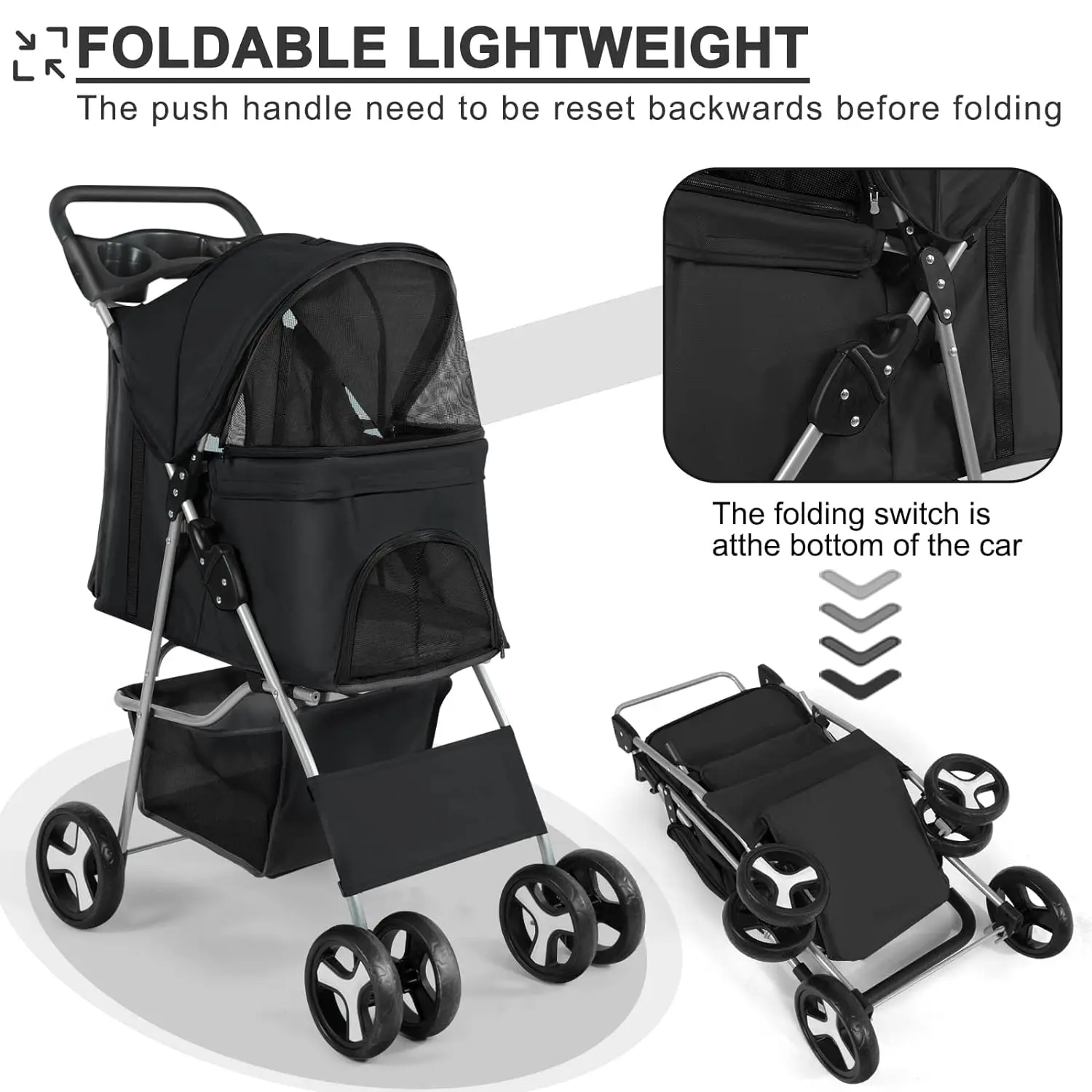 4 Wheel Foldable Cat Dog Stroller with Storage Basket, Handle 360° Front Wheel Rear Wheel with Brake for Small Medium Dogs