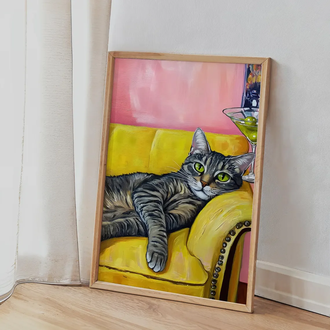 Trendy Tabby Cat Couch Art Funny Colorful Cat Martini Print Quirky Whimsical Poster Cocktail Bar Cart Art Cat Wall Art Modern Ho