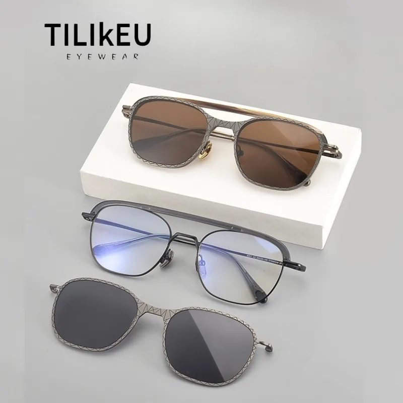 

Vintage Square Magnetic Clip-on Pure Titanium Eyeglasses Frames Men's Large Frame Designer Classic Pilot Double Beam Sunglasses