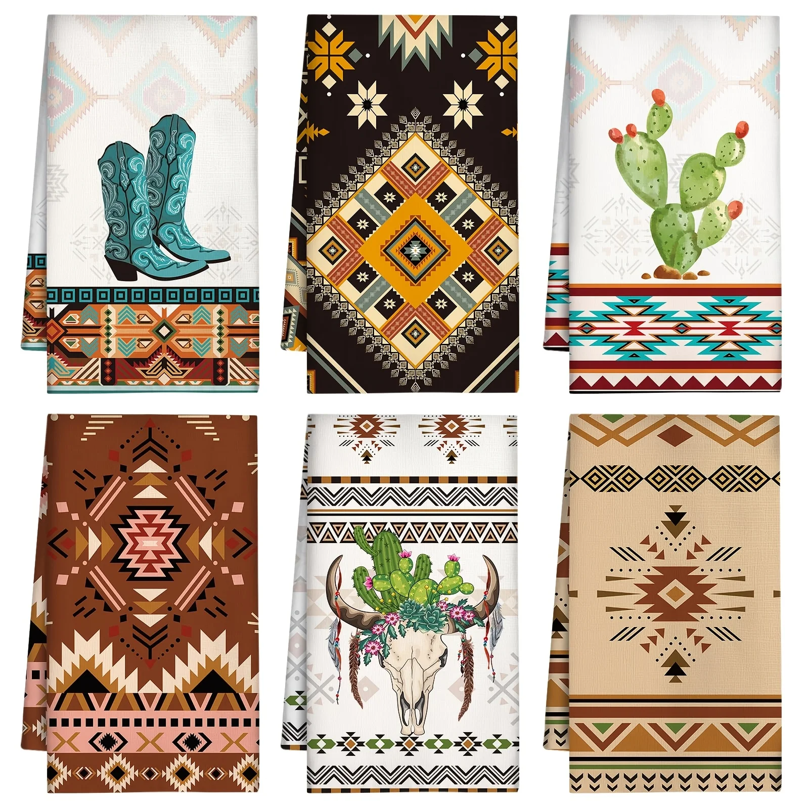 6-Piece Bohemian Aztec Tea Towel Set, Southwest Ethnic Geometric Pattern, Rich Color Retro