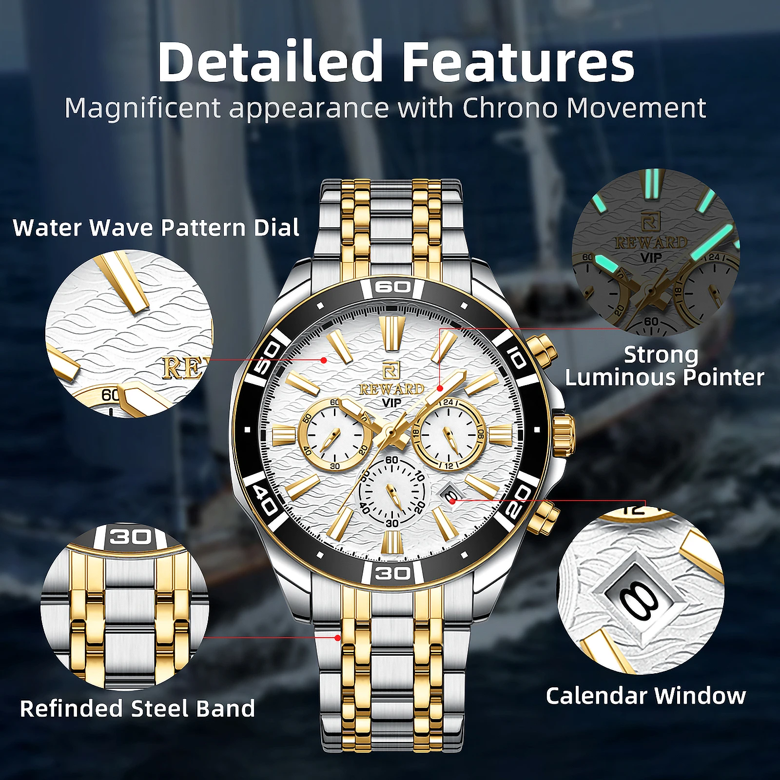 New REWARD Mens Watch Waterproof Sport Wristwatch for Men Stainless Steel Business Quartz Watches Clock Gift for Father Birthday