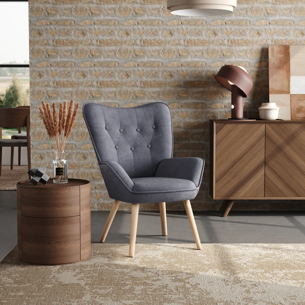 Elegant Grey Linen Tufted Back Armchair with Plush Cushioning and Natural Rubberwood Legs