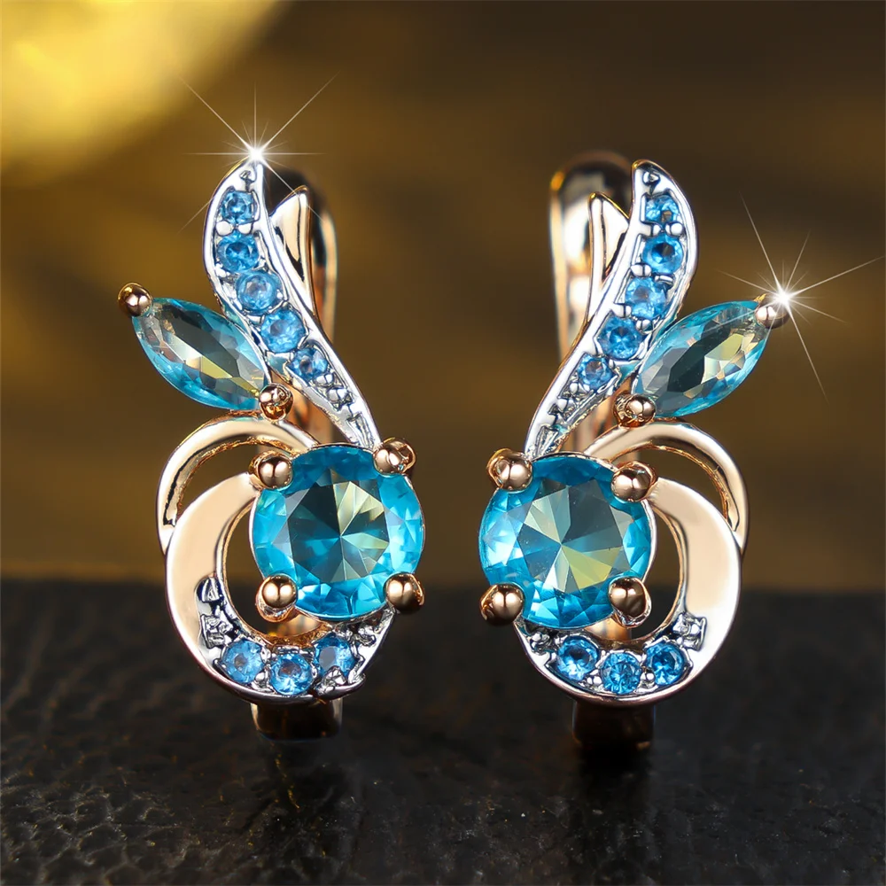 Aqua Blue Crystal Green Zircon Wings Flower Hoop Earrings For Women Charm Gold Color Ear Buckle Wedding Jewelry Versatile Gifts
